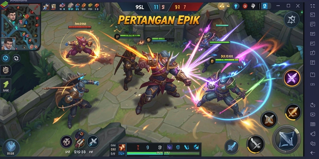 Screenshot gameplay 9SL menampilkan aksi seru dalam pertarungan MOBA.