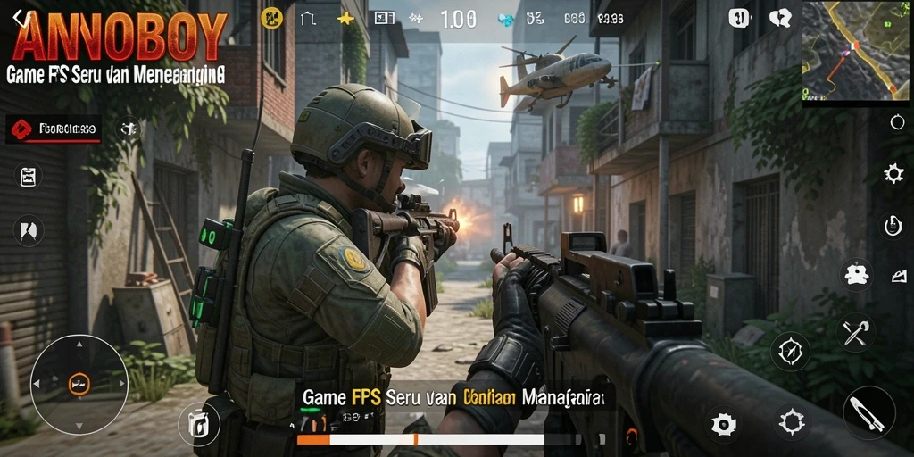 Screenshot aksi mendebarkan dalam game FPS ANOBOY.