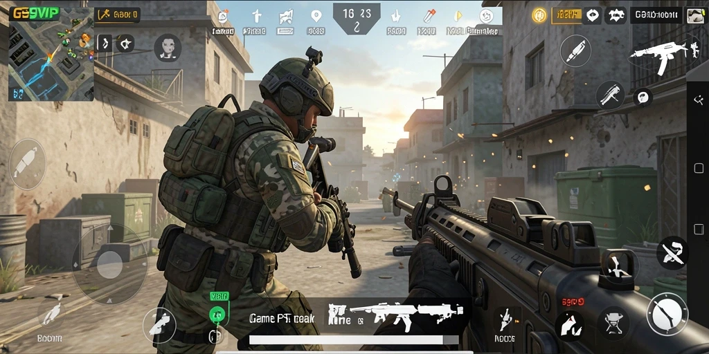 Screenshot utama G9VIP menampilkan aksi gameplay FPS yang seru.