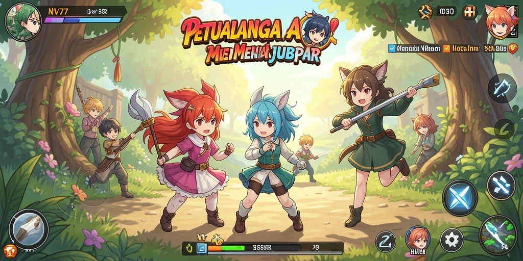 Tangkapan layar gameplay NV77 dengan karakter anime keren.