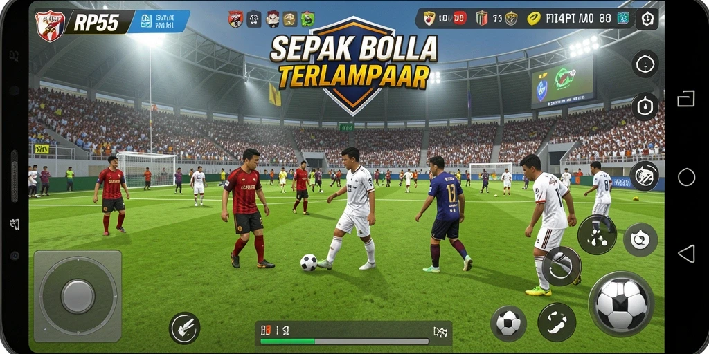 Tampilan permainan RP55 menampilkan aksi sepak bola yang seru dan grafis memukau.