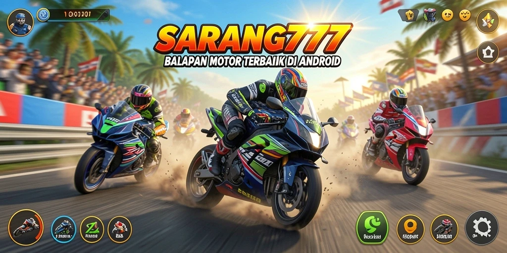 Screenshot gameplay SARANG777 dengan balapan motor yang mendebarkan.